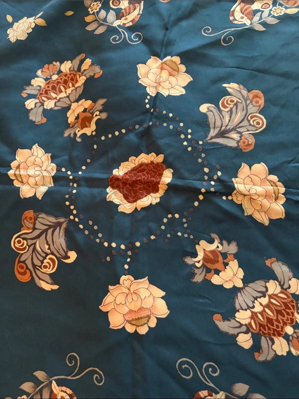 VINTAGE Scarf-Teal Blue Hue with Florals and Birds Pattern